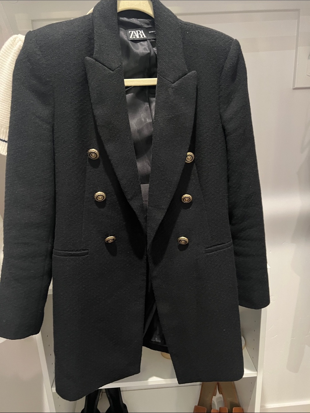 Zara Black Double-Breasted Pea Coat with Gold-Tone Buttons